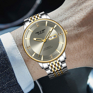 PINDU Ultra-thin Minimalist Business Men's Automatic <b>Mechanical</b> <b>Watch</b> Diamond Hour Markers Date Window Stainless Steel Strap - Product Image 3