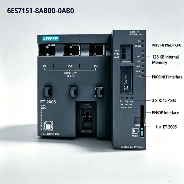 6ES7151-8AB00-0AB0,6ES7 151-8AB00-0AB0 for Siemens PLC CPU Module,ET200S IM151-8 PN/DP CPU,128KB Work Memory,3X RJ45 Port