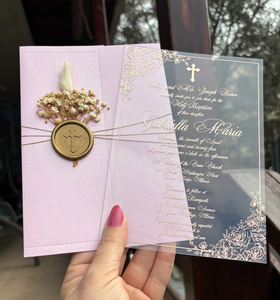 Invitaciones acrílicas transparentes <span class=keywords><strong>personalizadas</strong></span> para bautismo, comunión, eventos sagrados con flores secas y sellado <span class=keywords><strong>de</strong></span> cera - Product Image 4