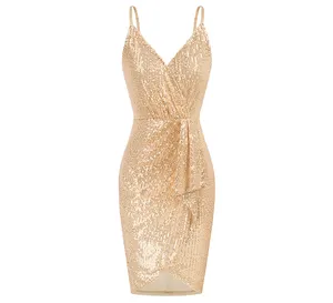 Của Phụ nữ sexy sequin ăn mặc quấn v-cổ Ruched Bodycon Spaghetti dây đai Cocktail bên câu lạc bộ đêm Dresses