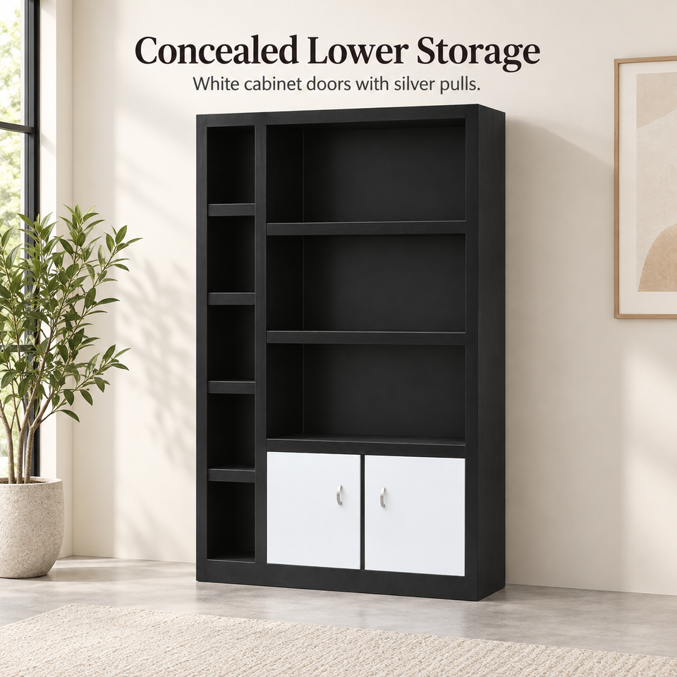 Pattern Base Time Frame Modern Commercial MDF Display Cabinet with Black Frame White Doors Open ...