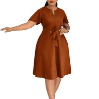 Robe d'été pour femme, longueur midi, couleur unie, à lacets, manches courtes, grande taille, taille naturelle, couleur unie
