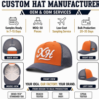 Topi Trucker 5 Panel Kustom Bahan Katun Mesh Oranye Abu-abu Bordir 3D Script OEM ODM Pinggiran Melengkung Topi Kasual Olahraga Luar Ruangan