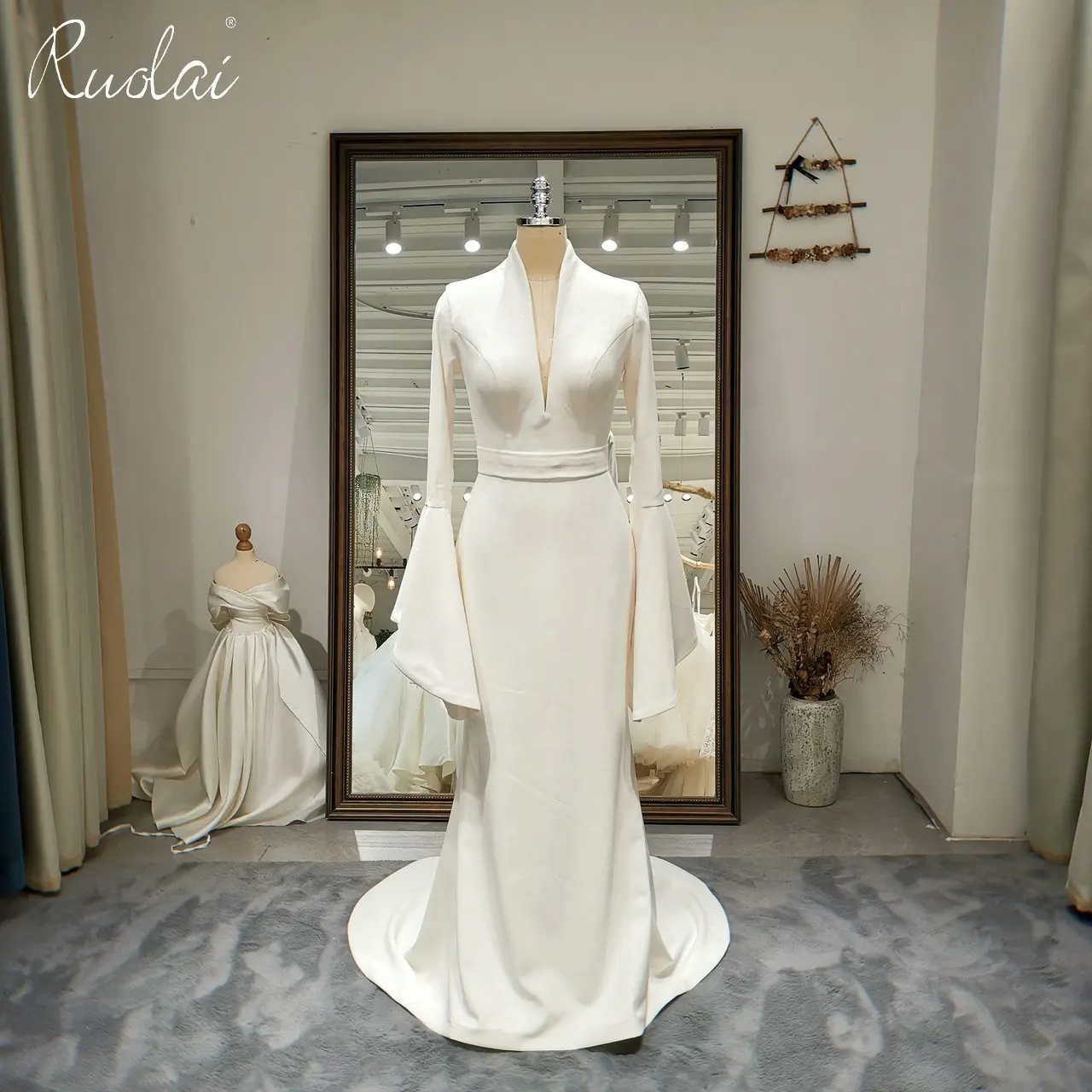 QD06005 — robe sirène en crêpe, style bohème, avec col haut, manches cloches, robe de mariée, pour la mariée
