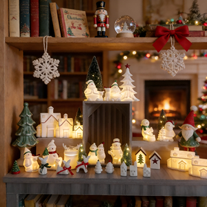 Collezione di decorazioni natalizie luminose in ceramica - Ornamenti a LED di Babbo Natale, renne e villaggio per l'esposizione domestica durante le festività - Product Image 4