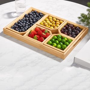 Planche à fromage promotionnelle avec 5 assiettes Ensemble de planche à charcuterie en bambou Plateau de service au design attrayant pour la pendaison de crémaillère - Product Image 6