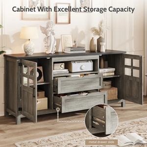 Meuble TV E1 P2 en bois d'ingénierie style ferme avec portes de grange et tiroirs, meuble multimédia gris avec portes vitrées, console haute - Product Image 2