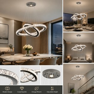 Lustre moderne à LED en cristal et acier inoxydable à 2 anneaux, 3 couleurs, dimmable avec télécommande - Product Image 2