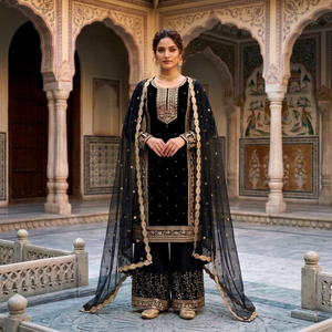 Traje Anarkali Negro Bordado Hasta el Suelo, Ropa Tradicional India y Pakistaní para Bodas, Corte Regular para Mujer, Elástico - Product Image 1