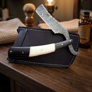 Navaja de Afeitar Recta de Acero de Damasco Marca ASAP con Mango de Bambú, Hoja Única, Funda de Cuero Negra, para Hombre - Product Image 3