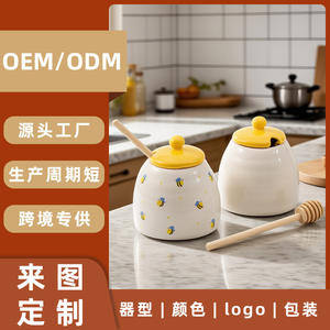 Tarro de miel de cerámica con tapa y cuchara, diseño de abeja blanca, contenedor redondo para almacenamiento de alimentos para uso en la cocina. - Product Image 4