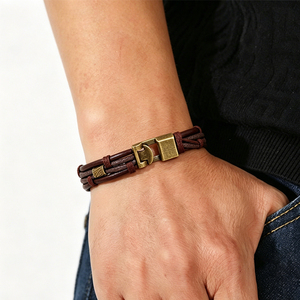 Men's Classic Braided Genuine <strong>Leather</strong> Bracelet Handmade Woven Multi-Layer Brown <strong>Leather</strong> Bracelet with Antique Bronze Clasp - Product Image 2