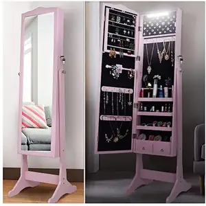 Miroir sur pied à pleine longueur, Armoire à bijoux, meuble organisateur avec LED