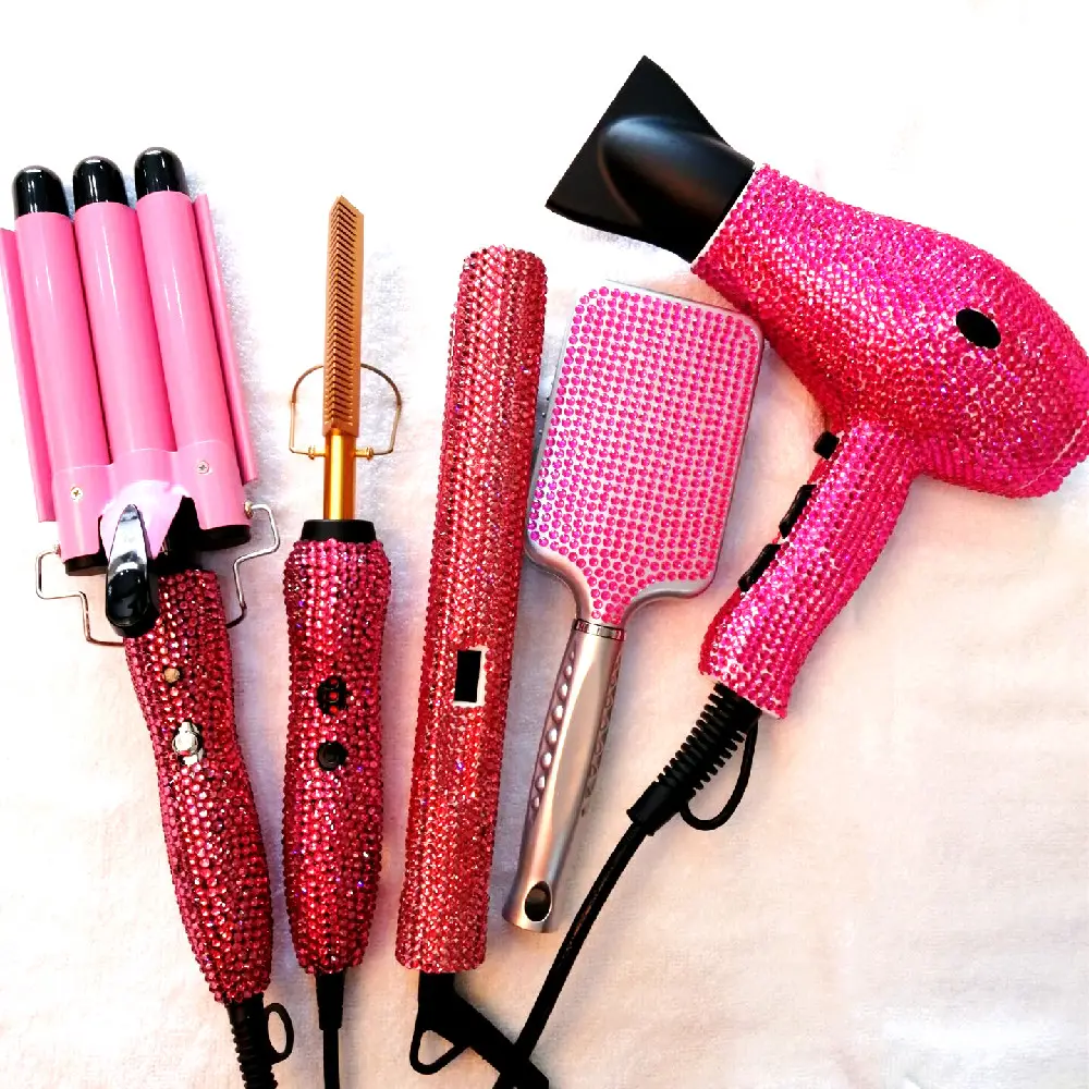 Hot Pink Crystal Bedazzled Flat Iron Diamond Hot comb Bling Curling Wand Crystallized Hair Styling Tool Kit