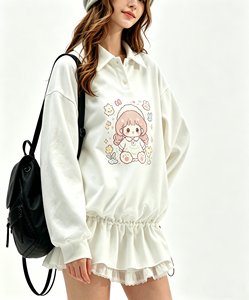 Sudadera de Mujer de Manga Larga con Estampado de Dibujos Animados Kawaii, <span class=keywords><strong>Cuello</strong></span> Tipo <span class=keywords><strong>Polo</strong></span> de Algodón Suave, Cintura Elástica con Volantes y Capucha - Product Image 4