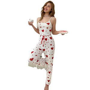 Conjunto de Pijama de Primavera para Mujer, Dos Piezas, Cierre con Cordón, Estampado de Corazones, Terciopelo Acanalado - Product Image 5