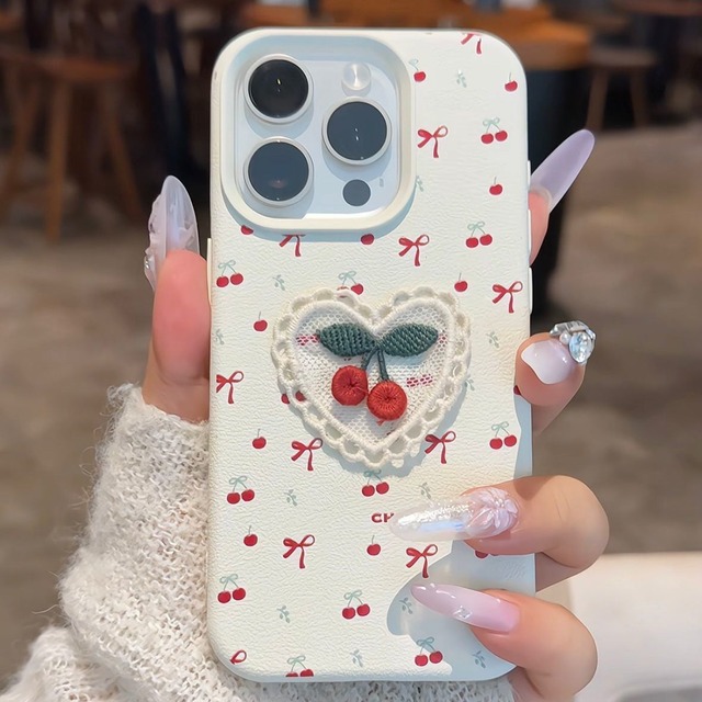 Korean Leather Grain Embroidery Cherry for IPhone12 13 14 15 16 ProMax Female Mobile Phone Case Ins Inspired