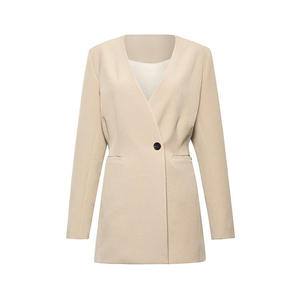 Elegante Giacca <span class=keywords><strong>Blazer</strong></span> Monopetto Beige con Bottoni, Scollo a V, Lunga e Traspirante per Donna - Product Image 2