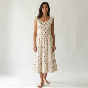 Vestido Midi de Algodón y Bambú con Diseño de Motivo Femenino, Cintura Natural, Sin Mangas, Estilo Evase, Informal, para Uso Diario, Prenda Elegante para Mujer - Product Image 1