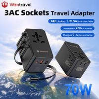 Adaptor Perjalanan Internasional Wontravel 3AC Tipe C 70W Adaptor Perjalanan Universal dengan Kabel Retractable