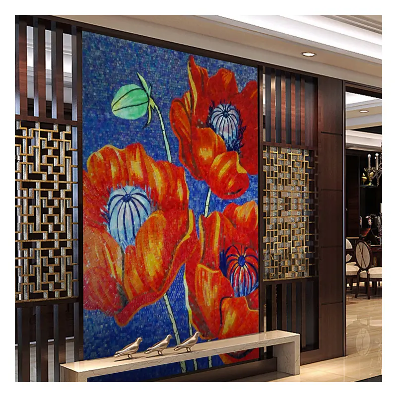 ZF Customized red flower mosaic tiled murals art mosaic tile wall mural flower backsplash tile wall mosaic