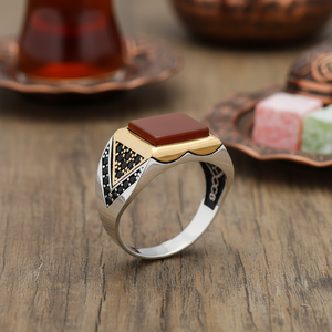 Rectangle Agate Gemstone Round Black Zircon Stone Design Ottoman <b>Men's</b> <b>Ring</b> Turkish Handmade Wholesale Authentic <b>Silver</b> <b>Men</b> <b>Ring</b> - Product Image 3