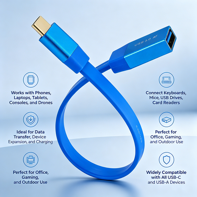 USB-C to USB-A 3.0 OTG Adapter Cable 10Gbps Fast Data Transfer 0.3M PVC Flat Cable for Phone Laptop