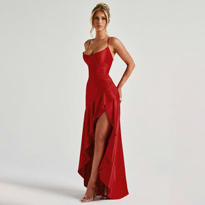 Robe longue élégante rouge dos nu à bretelles pour femme, avec ourlet à volants, taille haute, coupe ajustée et jupe asymétrique, idéale pour les soirées - Product Image 4