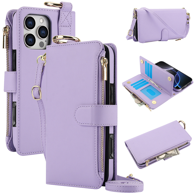 Crossbody Wallet Phone Case Card Holder Zipper Pocket Adjustable Strap PU Leather Magnetic Flip Protective Cover for iPhone 18