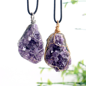 Healing Crystal Pendants Wholesale Golden and <b>Silver</b> <b>Wire</b> Wrapped Natural Rough Amethyst Cluster Pendant for Decoration - Product Image 4