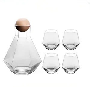 Nordic Ins 1.4L Hexagonal Glass Pitcher + 4 Cups 5PCS Drinking Set Iron Plating Carafe Jug Teapot Coffee Kettle With Wooden Ball