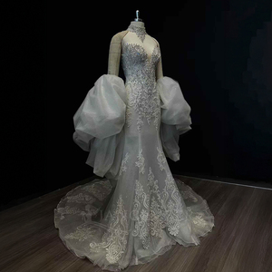 Vestido de Novia Moderno y Elegante Nt01, Estilo Princesa, con Mangas Abullonadas, Encaje, Pedrería, Cola de Capilla, Espalda Descubierta, de Lujo - Product Image 5