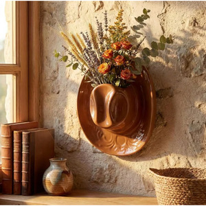 Cowboy <b>Hat</b> Vase Resin Wall Hanging Decor Rustic Floral <b>Display</b> Round Dark Brown Off White Pink - Product Image 1