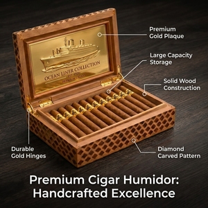 Vietnam Wooden Treasure Chest Craving Cigar Humidor Box Wood Brown Men Desktop Case Gift for Father Humidifier for 20 Cigars - Product Image 5