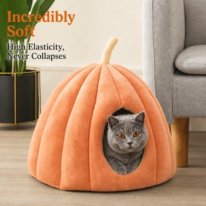 Lit-caverne pour <span class=keywords><strong>chat</strong></span> en velours côtelé floral, design fermé à capuche, garnissage en <span class=keywords><strong>mousse</strong></span> à mémoire de forme, dessus motif feuille verte, amovible et lavable, pour chats - Product Image 5