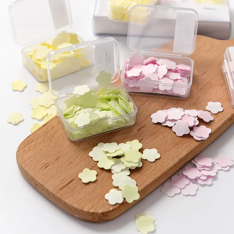 100 Stück einweg-Minisaft-Papierscheiben in Blumenform in tragbarer Schachtel niedliche antiseptische Handwaschseife für Erwachsene