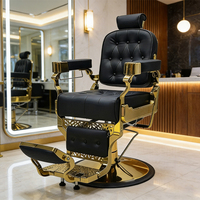 Fauteuil de Barbier Rétro de Luxe avec Cadre Doré et Revêtement Noir Capitonnée, Base Ronde Antique, pour Salon de Coiffure et de Rasage - En Vente