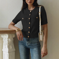 Vente directe usine – Nouvelle chemise/chemisier élégant en viscose tricotée anti-boulochage, col rond uni, boutons décoratifs, style décontracté automne