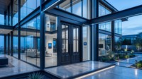 Porte d'entrée carrée en fer forgé LINCAI de style postmoderne |   Porte extérieure double à grille verticale 4 panneaux, forgée à la main, thermique, pour cour
