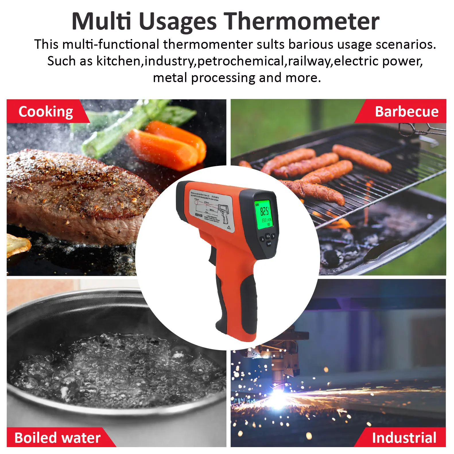 מדחום מטבח דיגיטלי אינפרא אדום בטמפרטורה גבוהה מכשיר פלסטיק ללא מגע למדחום בישול בתעשיית אפייה