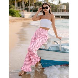 Pantalones anchos de algodón a cuadros para mujer FOXA, con volantes en el bajo, cintura elástica y bolsillos. - Product Image 6