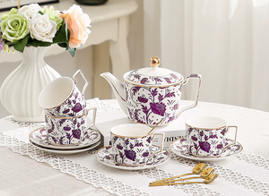 Service à café et thé en céramique 15 pièces, tasses à thé en porcelaine fine rouge avec soucoupes, coffret cadeau pour l'heure du thé - Product Image 3