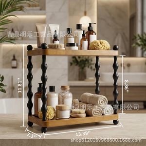 Étagère de rangement en bois à double couche, couleur bois naturel, multifonctionnelle, de type vertical, pour cosmétiques, tasses à café, condiments - Product Image 4