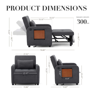 Sofá <span class=keywords><strong>Cama</strong></span> Individual de Tela Tipo Futón, Sofá Pequeño con <span class=keywords><strong>Cama</strong></span> Extraíble, Puerto USB, Mesa Plegable y Respaldo Ajustable para Dormitorio - Product Image 2