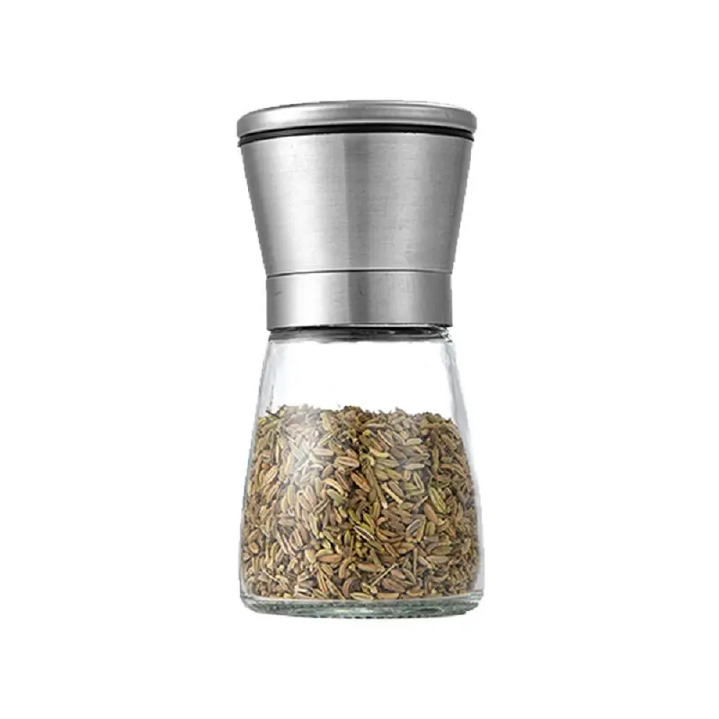 Adjustable Glass Mini Kitchen Spice Salt And Pepper Bottle Herb Jar Mill Grinder With Stainless Steel Plastic Black Lid Custom