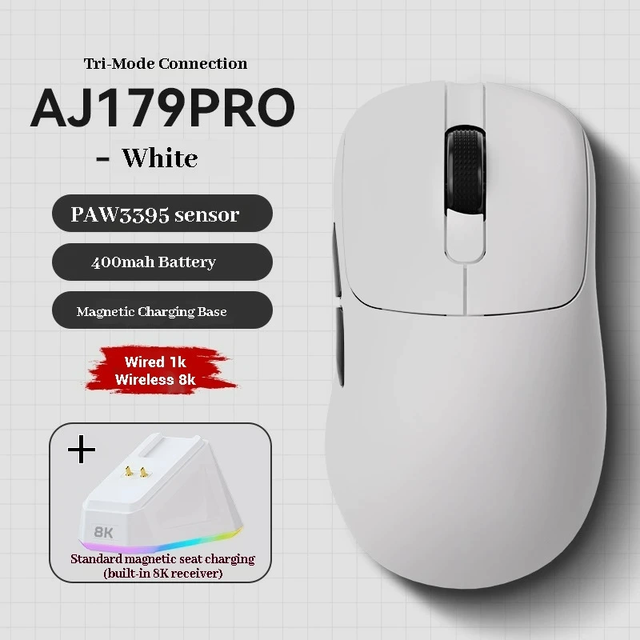 Ajazz AJ179 Pro Tri Mode Rechargeable Computer Gaming Wireless Mouse with Magnetic Charging Base PAW3395