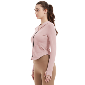 Women's Hooded Full Zip Crop High Elastic Hooded Crop <b>Jacket</b> Slim Fit Thumb Holes Breathable Yoga <b>Workout</b> Top With Pockets - Product Image 4