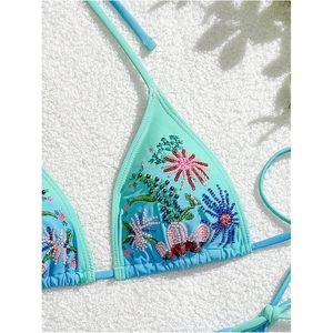 FOXA Women's 2 Piece <b>Bikini</b> Set Floral Beaded Triangle Halter <b>String</b> Swimsuit High Cut Bathing Suit - Product Image 4