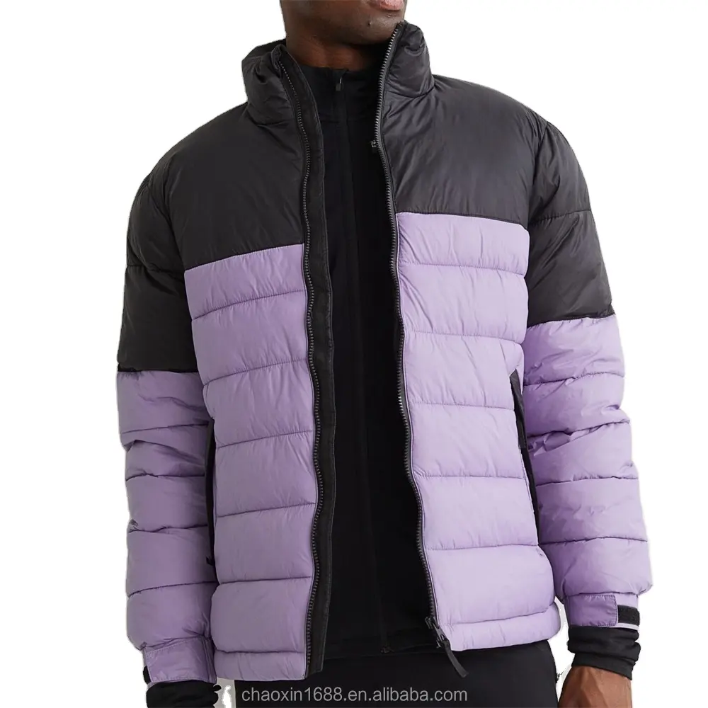 OEM custom waterproof and windproof stand collar black and purple color stitching puffer down jacket for men