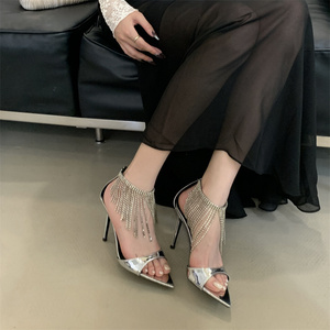 Sandalias de tacón de aguja con cremallera y pedrería de lujo para mujer, sandalias de tobillo con cristales para fiesta, zapatos de vestir para dama, tacones altos negros - Product Image 6